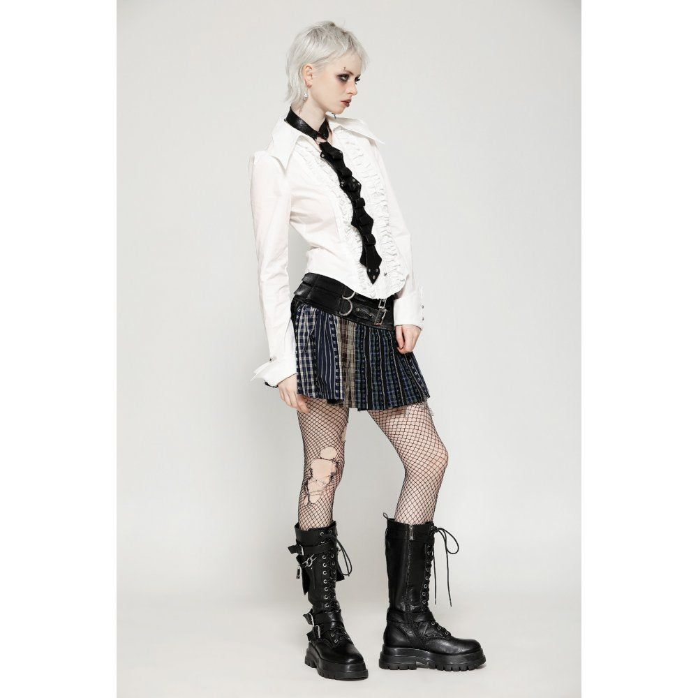 Dark in Love Sage Plaid Patchwork Pleated Mini Skirt with Leather Waist