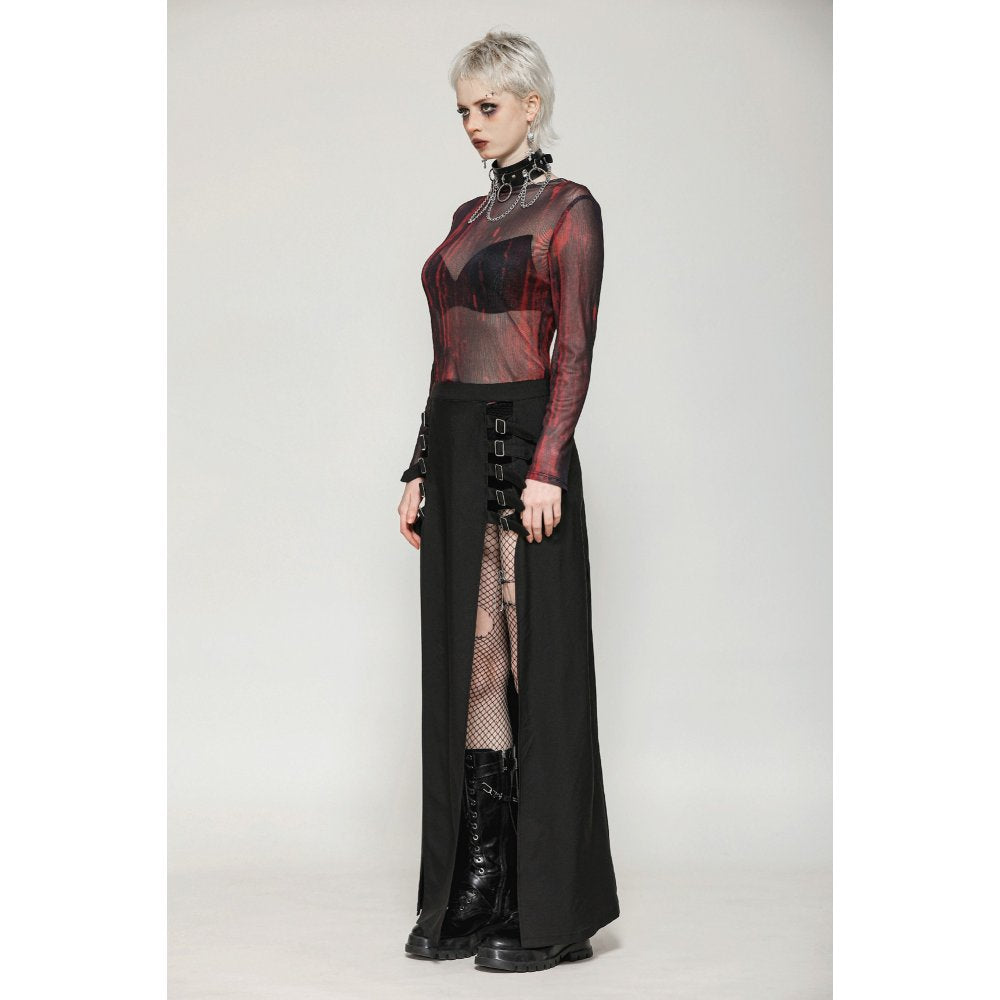 Dark in Love Phoenix Black Slit Maxi Skirt | Goth Faux Leather Buckle