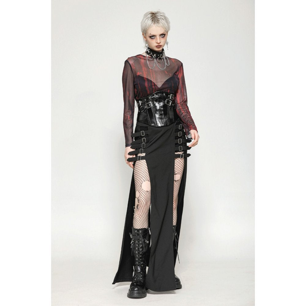 Dark in Love Carson Black and Red Tie-Dye Mesh Gothic Basic Top