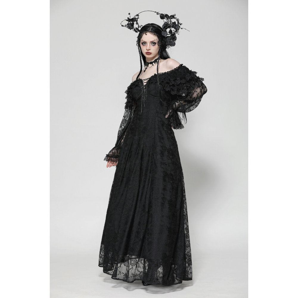 Dark in Love Cosette Gothic Maxi Dress – Lace Ruffle Off-Shoulder