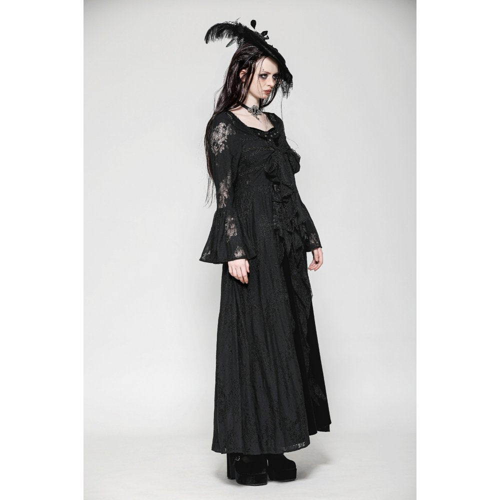 Dark in Love Emersyn Gothic Long Robe – Floral Lace Bell Sleeve
