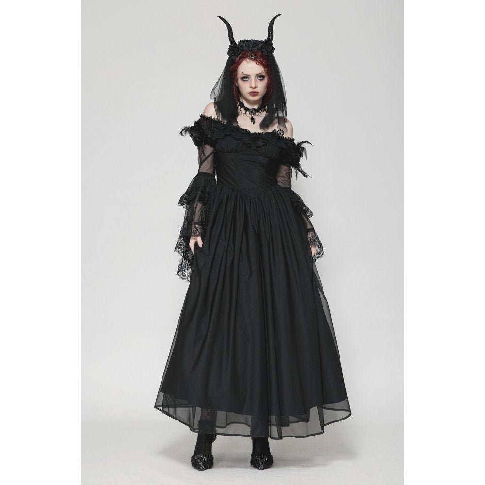 Dark in Love Millicent Black Tulle Feather Gothic Dress with Lace