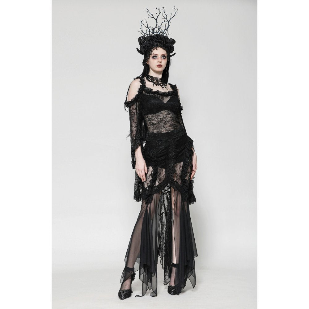 Dark in Love Nevaeh Gothic Lace and Mesh Mermaid Skirt – Black Embroidery