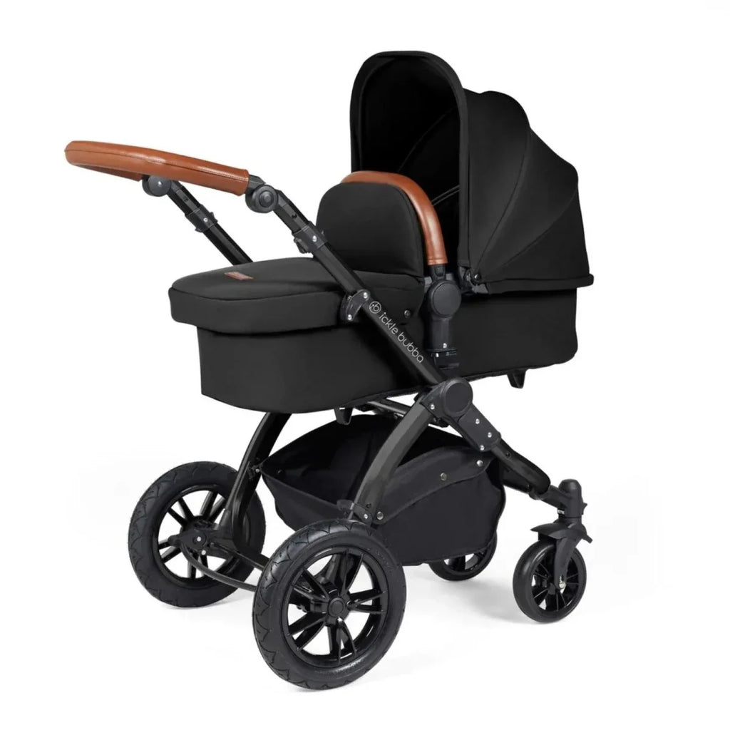 Ickle Bubba Stomp Luxe Travel System with i-Size Stratus Car Seat & ISOFIX Base 12 pcs - Black & Midnight & Tan