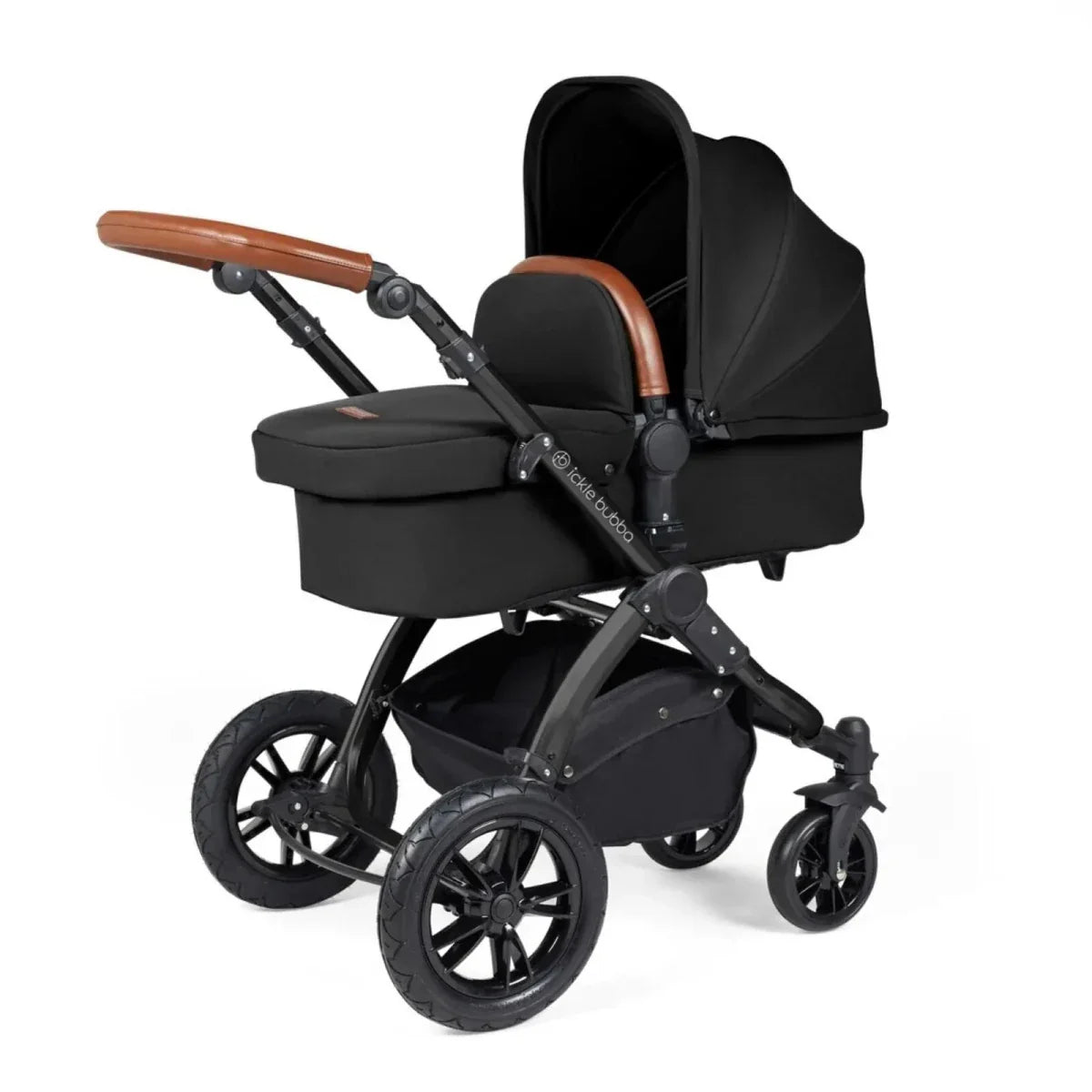 Ickle Bubba Stomp Luxe Travel System with i-Size Stratus Car Seat & ISOFIX Base 12 pcs - Black & Midnight & Tan