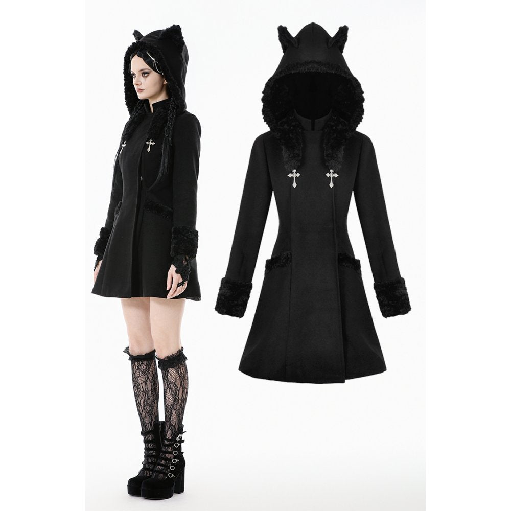 Dark in Love Cat-Ear Faux Fur Trim Gothic A-Line Skater Coat