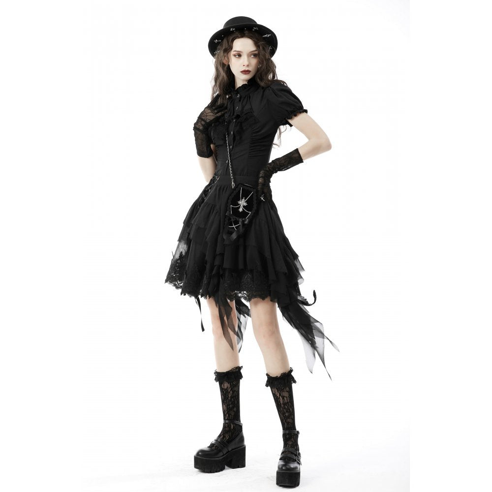 Dark In Love Sinead Black Gothic Blouse – Short Puff Sleeve Ruffle Collar