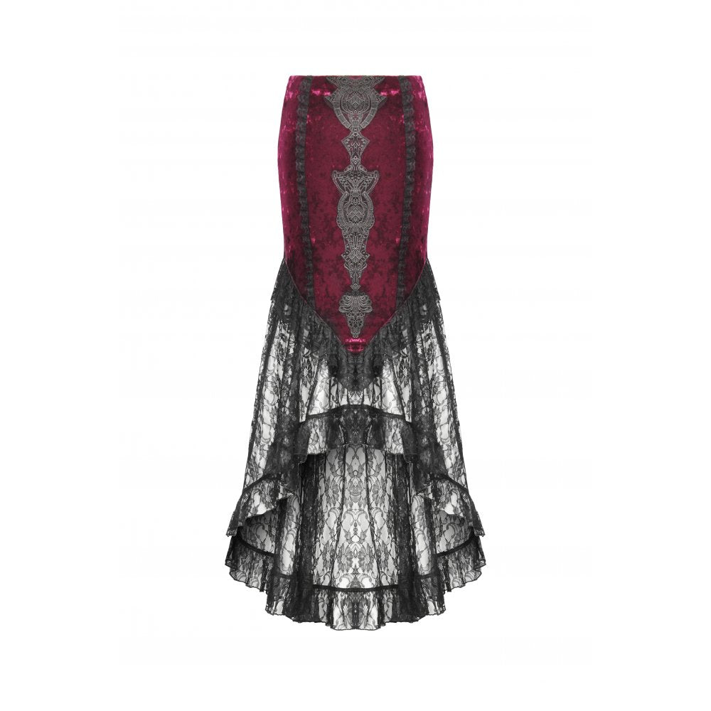Dark in Love Crimson Queen High-Low Goth Skirt – Burgundy Velvet & Lace