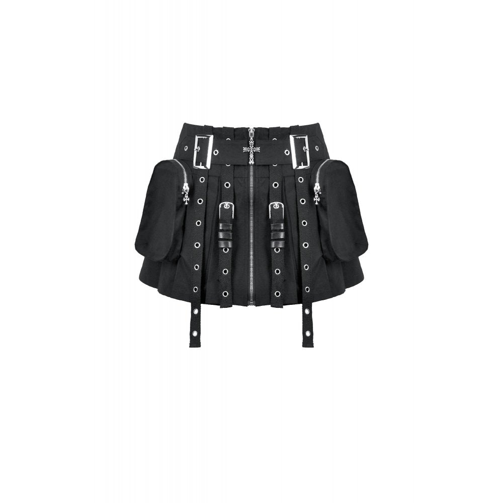 Dark in Love Metal Tactical Punk Mini Skirt with Buckle Straps - Black