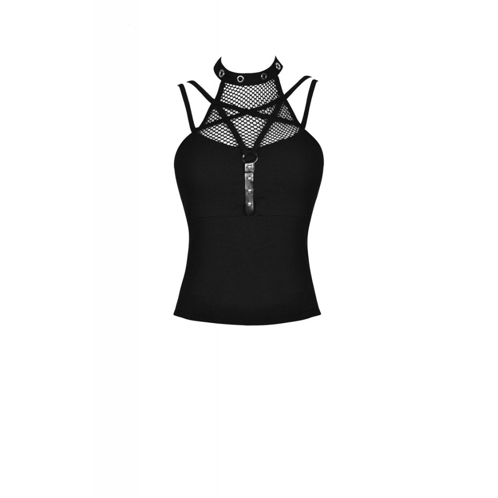 Dark in Love Enyo Goth Halter Top – Black Mesh & Faux Leather