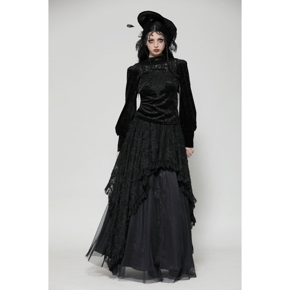 Dark in Love Cyra Gothic Jacquard Velvet Bell Sleeve Turtle Neck Top