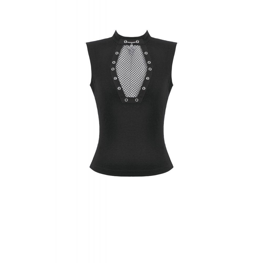 Dark in Love Punk Coffin Mesh Panel Top – Sleeveless Gothic Cotton Top