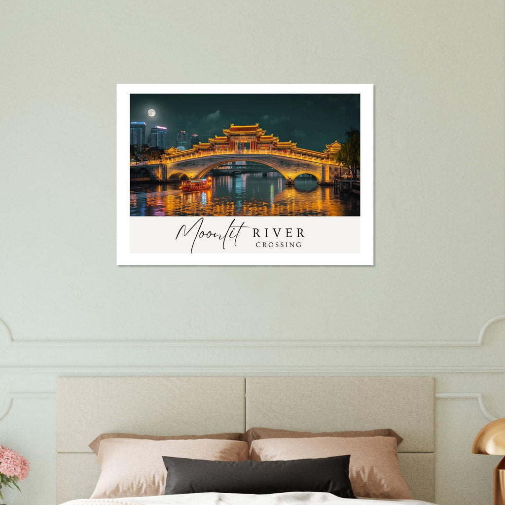 Moonlit River Crossing Poster - Illuminated Bridge Night Scene - Modern Landscape Wall Art Print