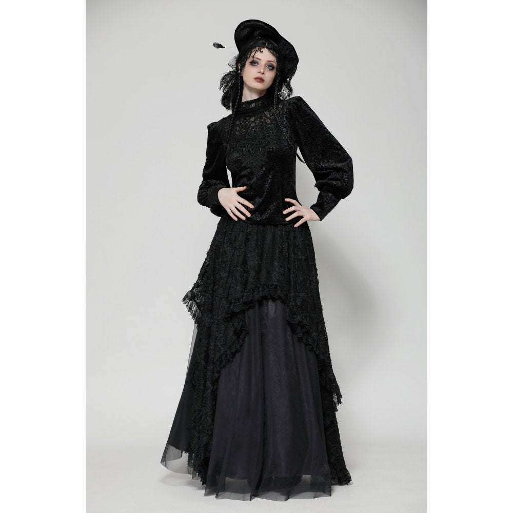 Dark in Love Cyra Gothic Jacquard Velvet Bell Sleeve Turtle Neck Top