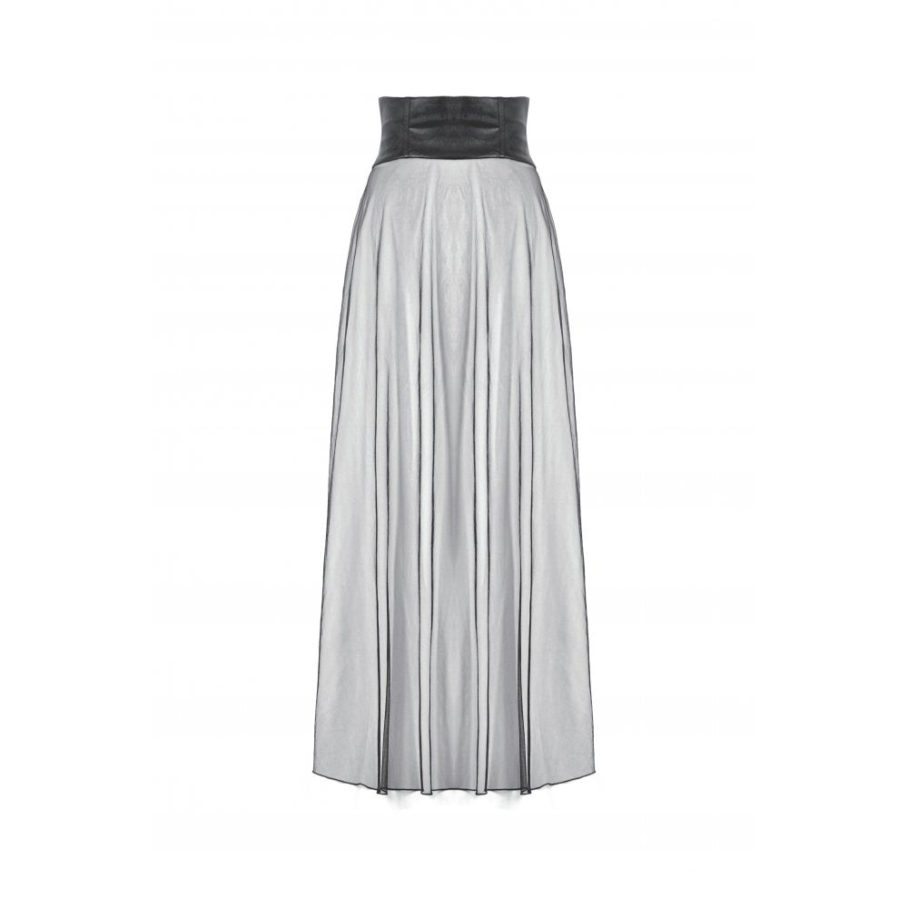 Dark in Love Gothic Sheer Mesh Maxi Skirt with PU Corset Belt - Black