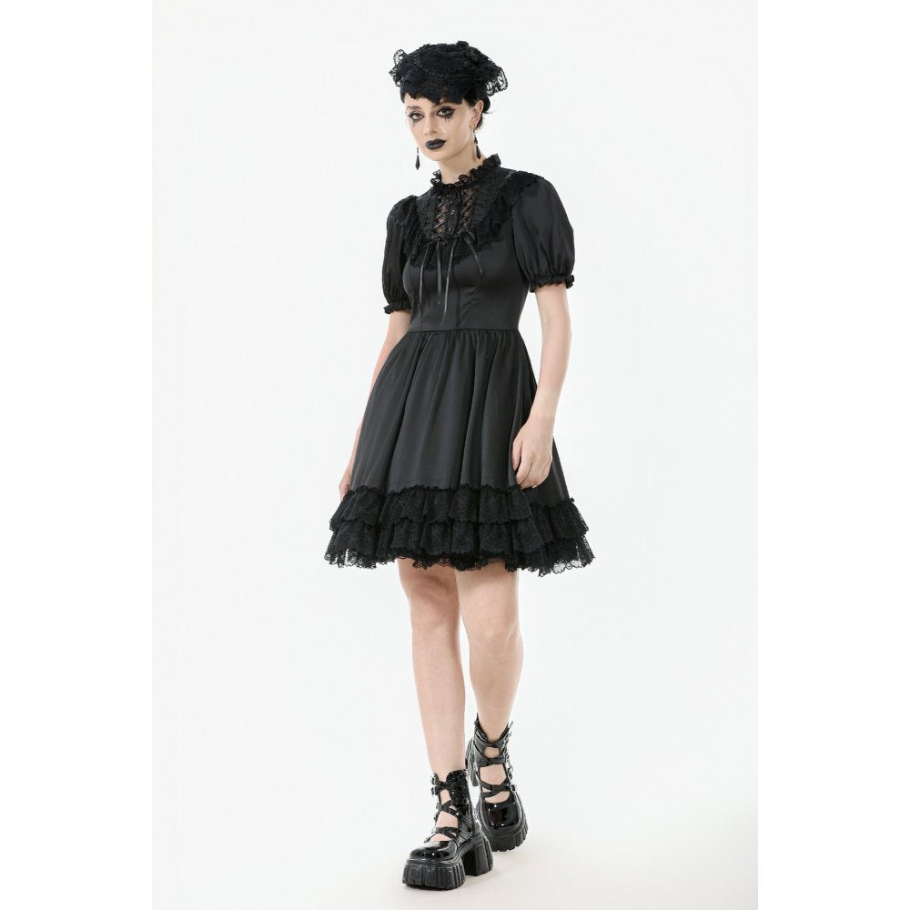 Dark in Love Belladonna Goth Dress – Black Lace-Up Puff Sleeve
