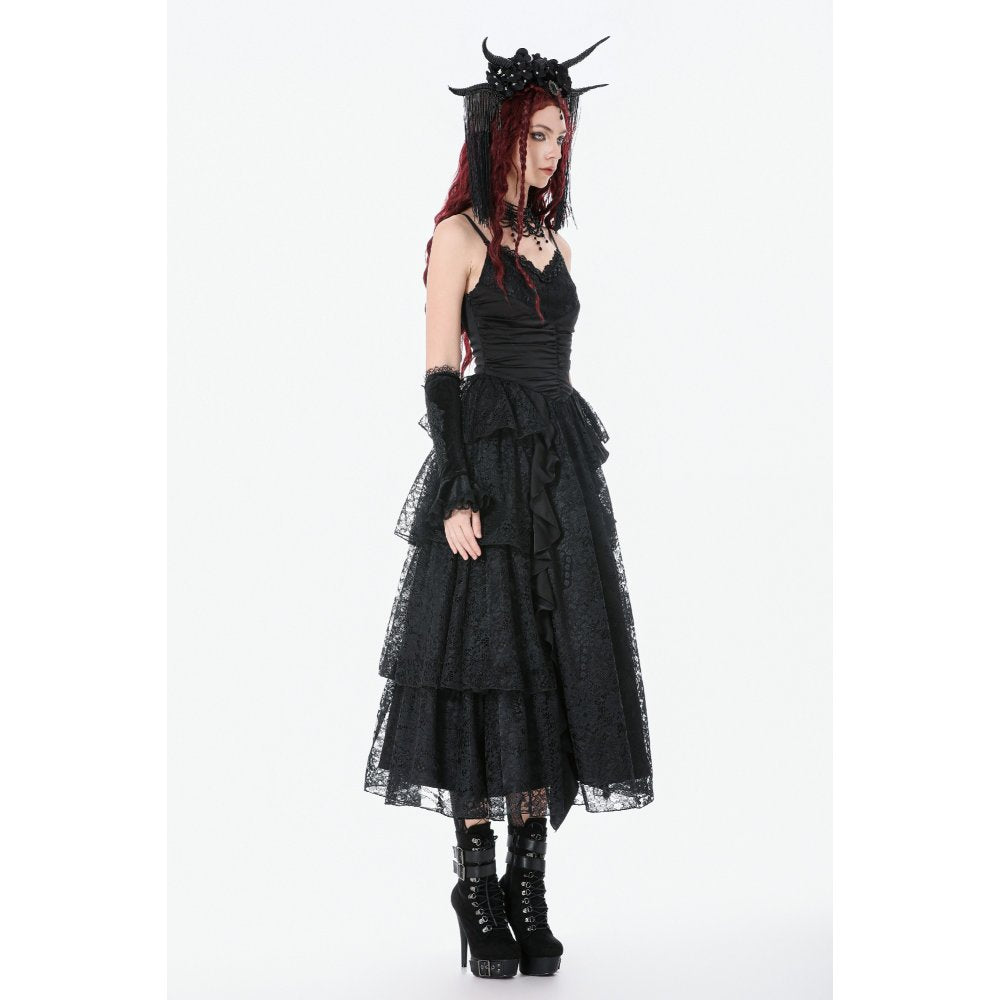 Dark in Love Black Gothic Satin and Lace Tiered Corset Dress