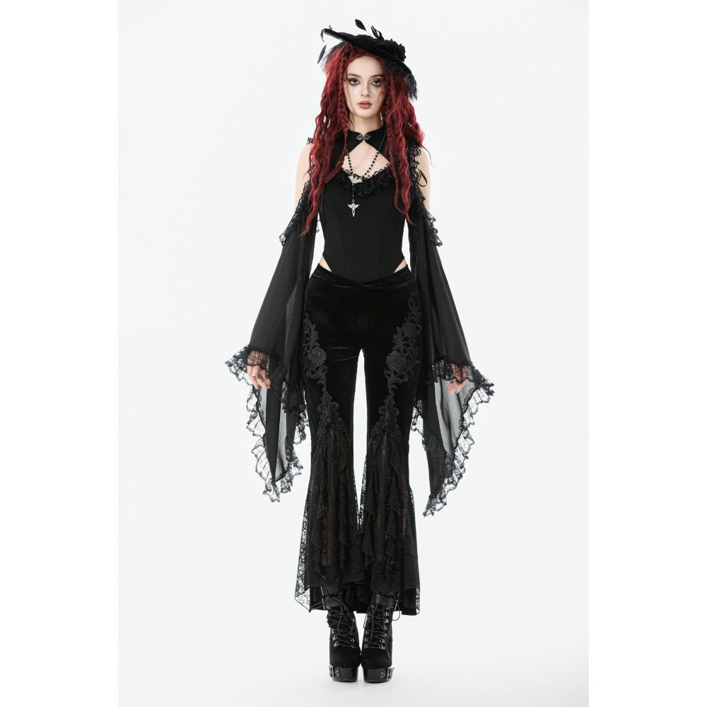 Dark in Love Erzebeth Black Velvet Lace Flare Trousers – Gothic Style