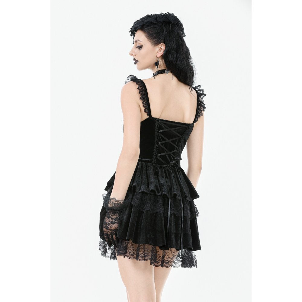 Dark in Love Nocturne Black Velvet Lace Ruffled Goth Dress