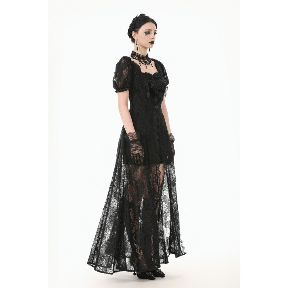 Dark in Love Morwenna Black Lace Gothic Maxi Dress with Train