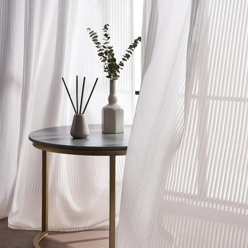 Striped Tulle White Curtains – Light Filtering Sheer Drapes for Bedroom & Living Room