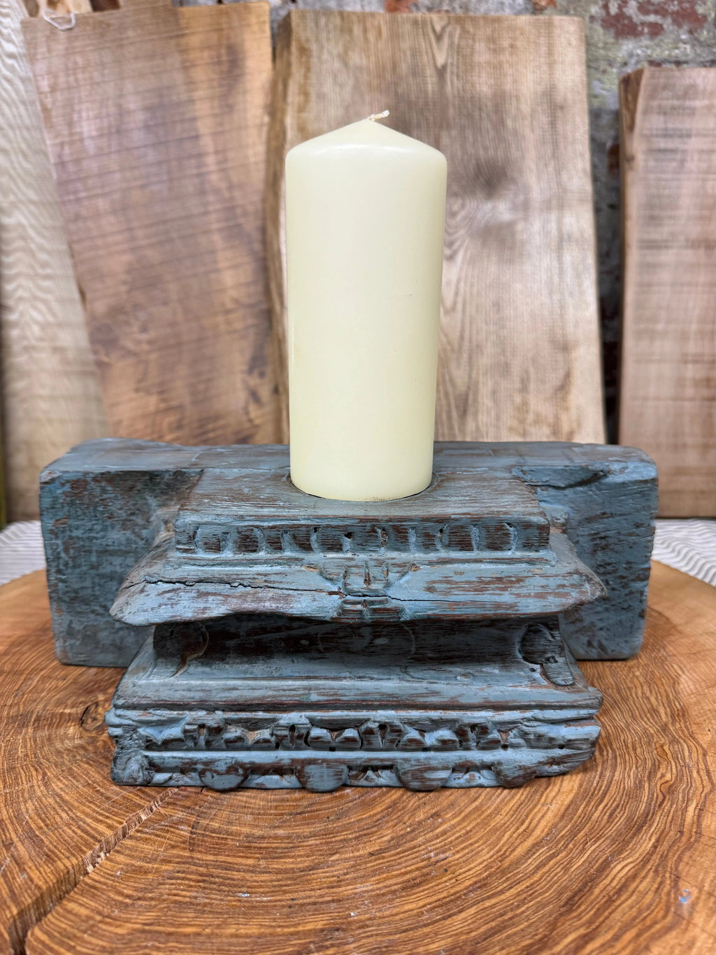 Indian Pillar Candle Holder – Rustic Reclaimed Wood Base in Dark Blue