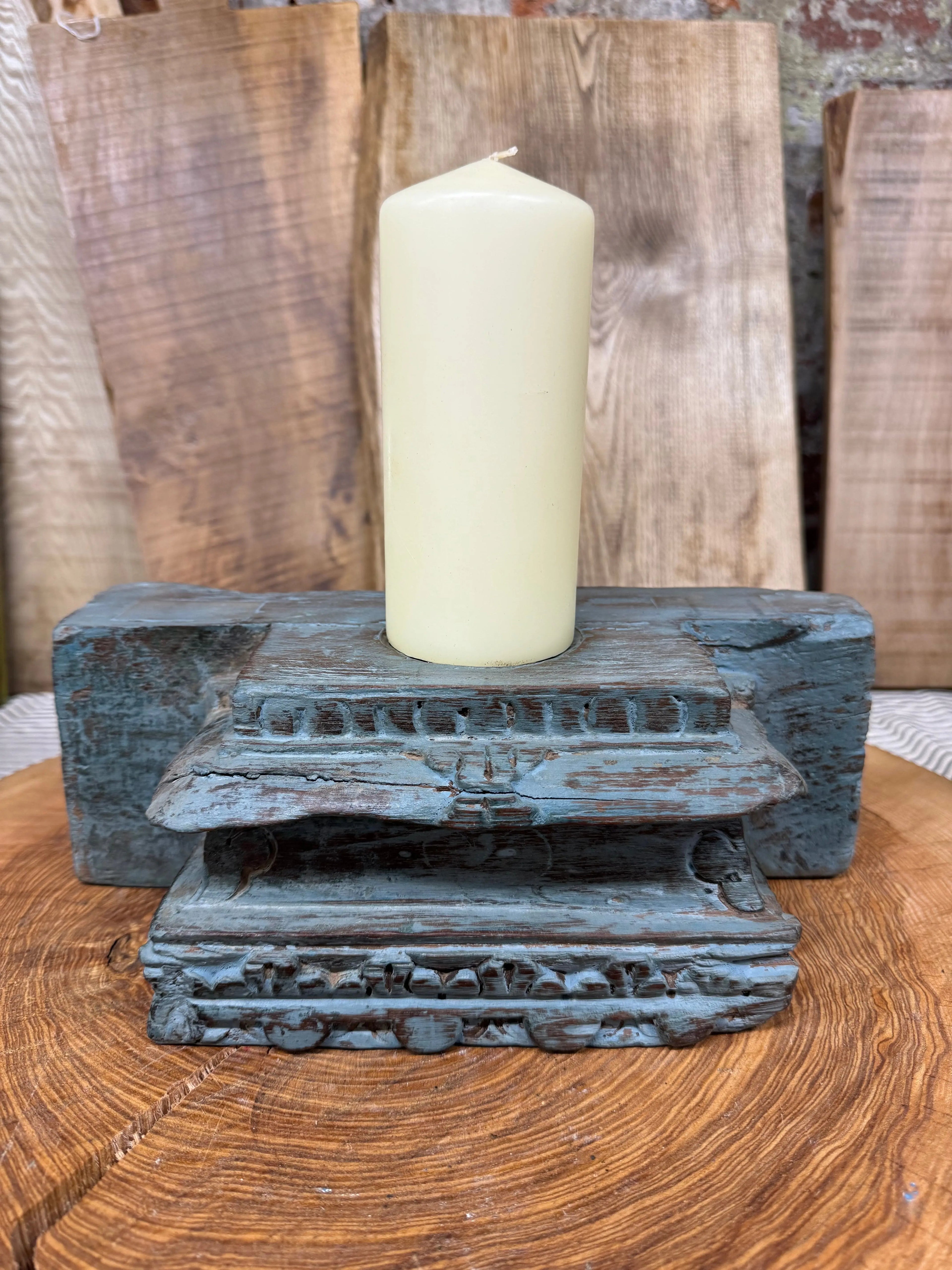 Indian Pillar Candle Holder – Rustic Reclaimed Wood Base in Dark Blue