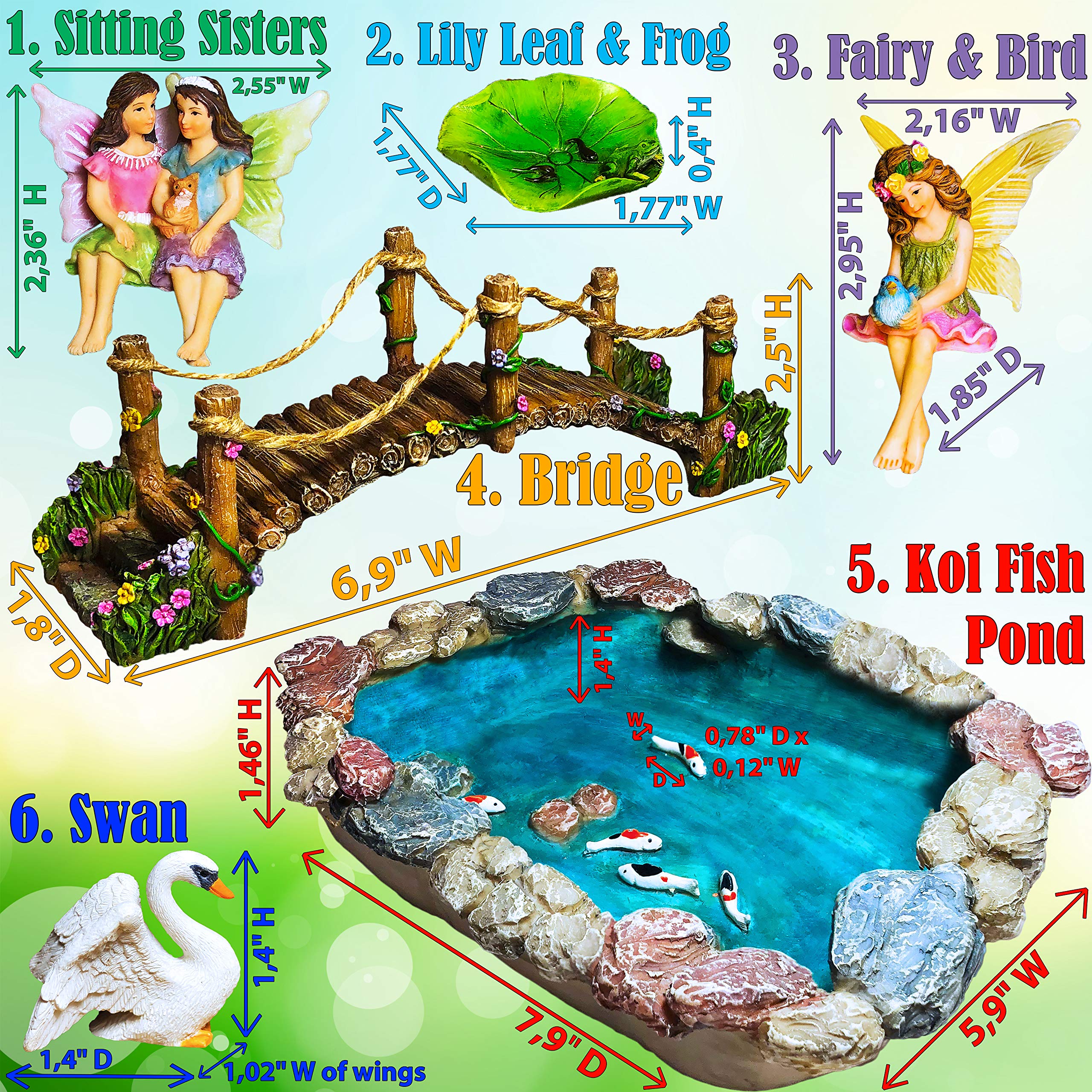 Mood Lab Fairy Garden Fish Pond Kit | 6pc Miniature Bridge & Resin Figurines
