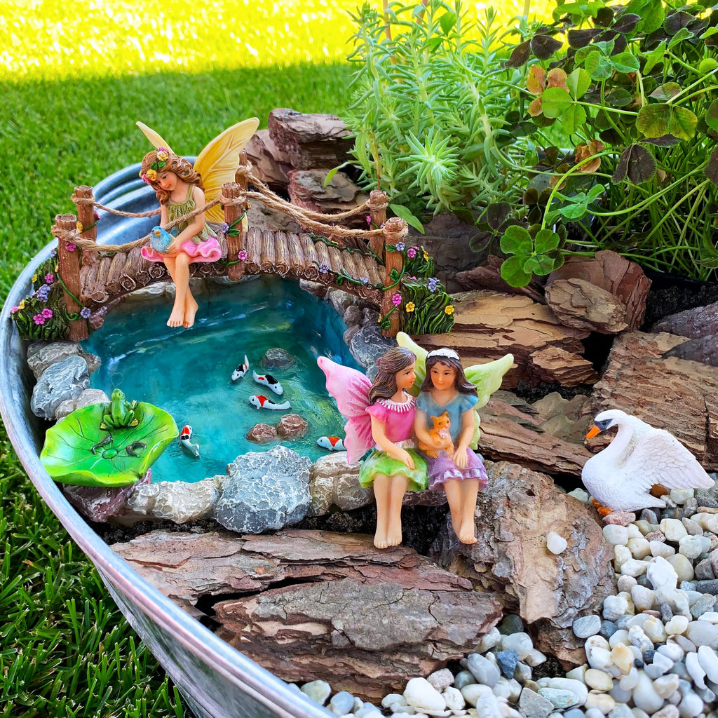 Mood Lab Fairy Garden Fish Pond Kit | 6pc Miniature Bridge & Resin Figurines