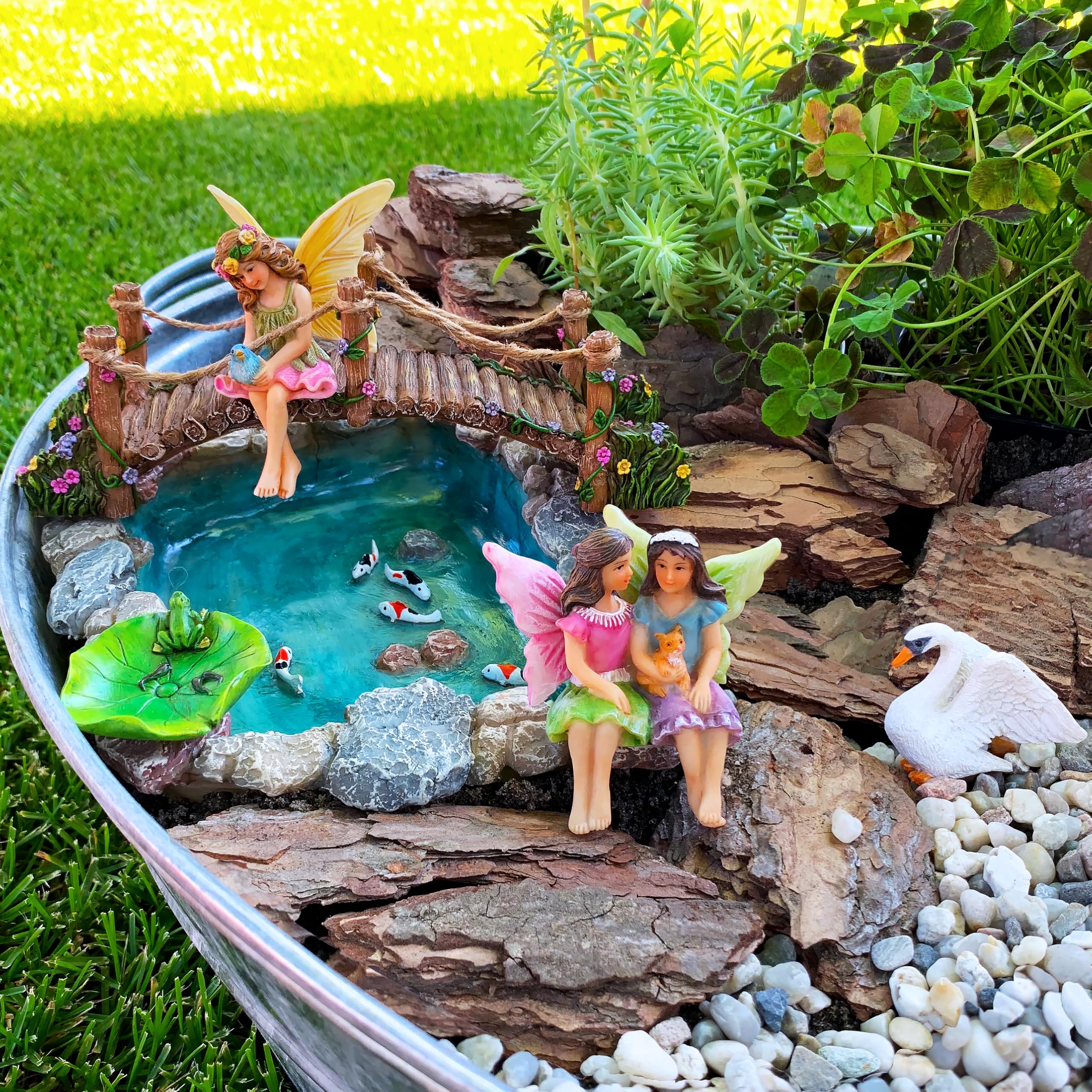 Mood Lab Fairy Garden Fish Pond Kit | 6pc Miniature Bridge & Resin Figurines