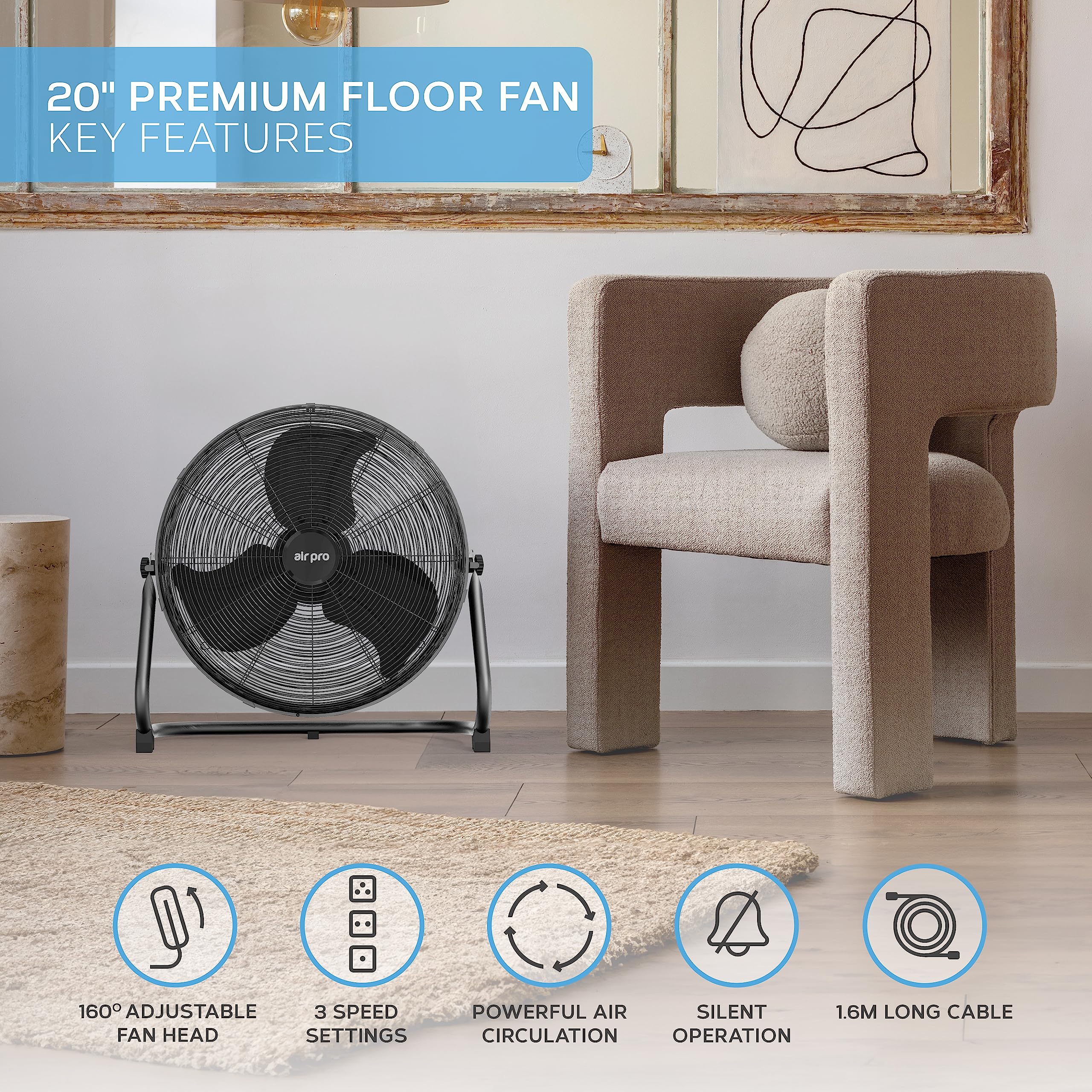 Air Pro 20" Floor Fan – 3-Speed High Velocity Metal Cooling Fan