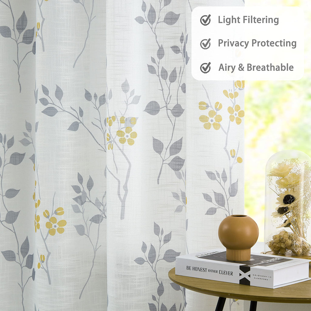 Beauoop Yellow Grey Floral Semi Sheer Linen Curtains - 90 Inch Drop
