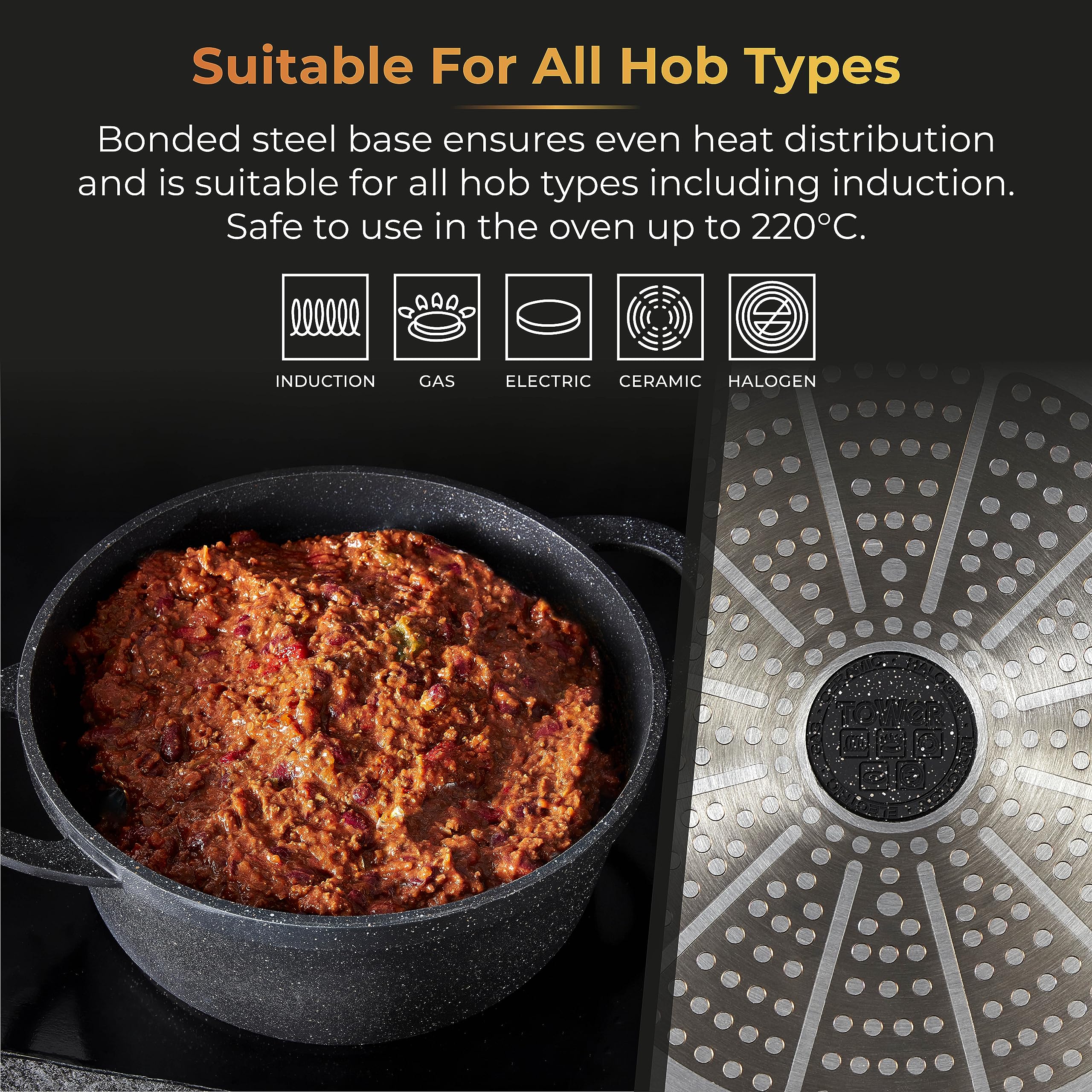 Tower Precision 28cm Cast Aluminium Casserole Dish | Non-Stick Black