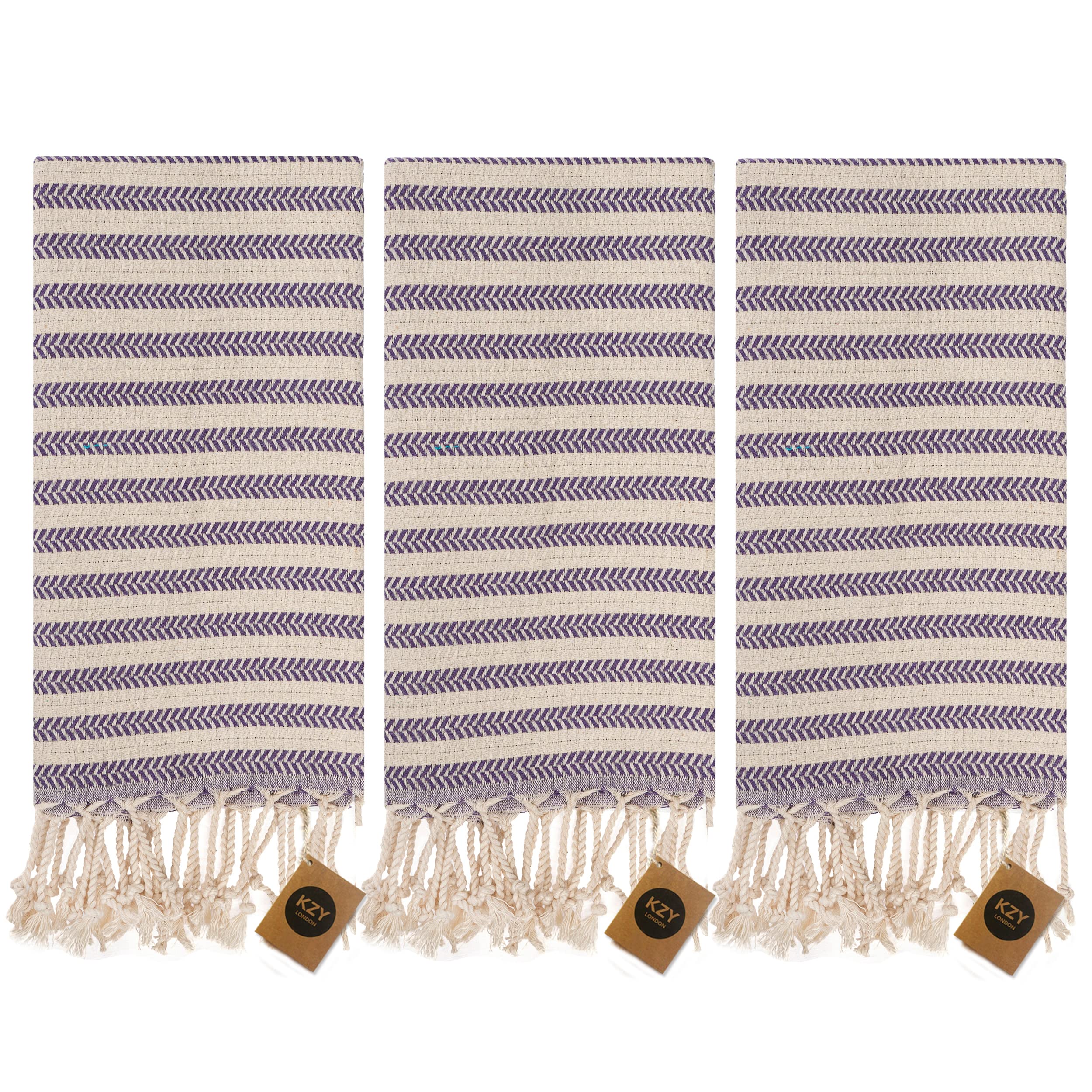 KZY LONDON Turkish Hand Towel Set of 3 | 100% Cotton Peshtemal - Purple