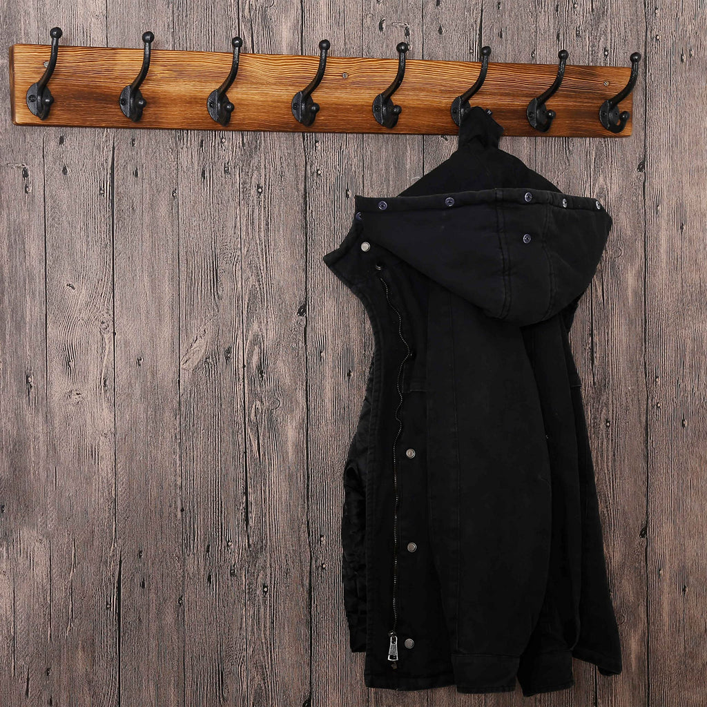 WEBI Rustic Wall Mount Coat Rack – 8 Cast Iron Hooks, Solid Wood, 2 Pack