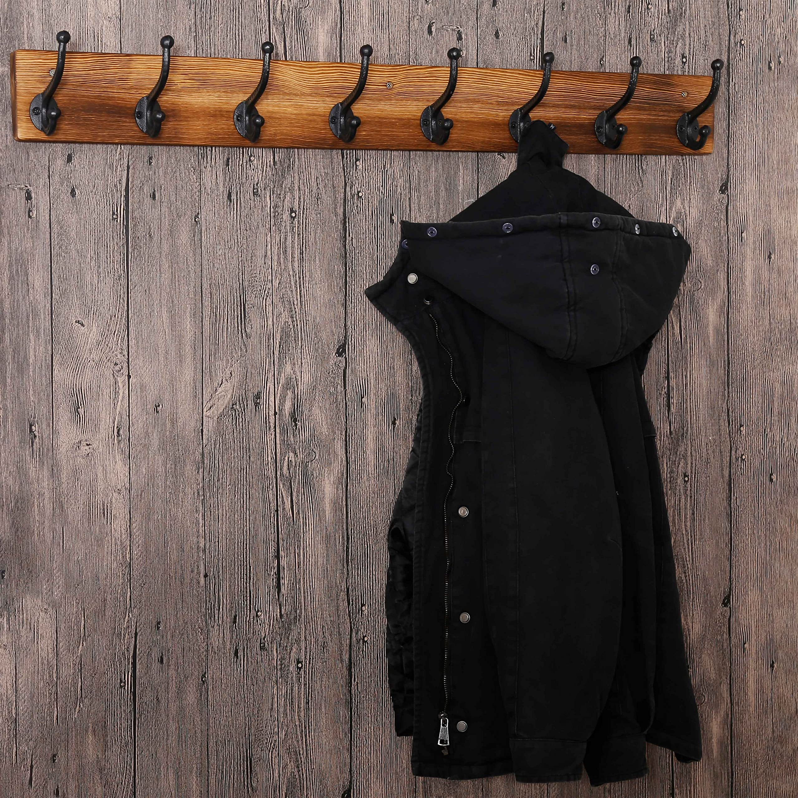 WEBI Rustic Wall Mount Coat Rack – 8 Cast Iron Hooks, Solid Wood, 2 Pack