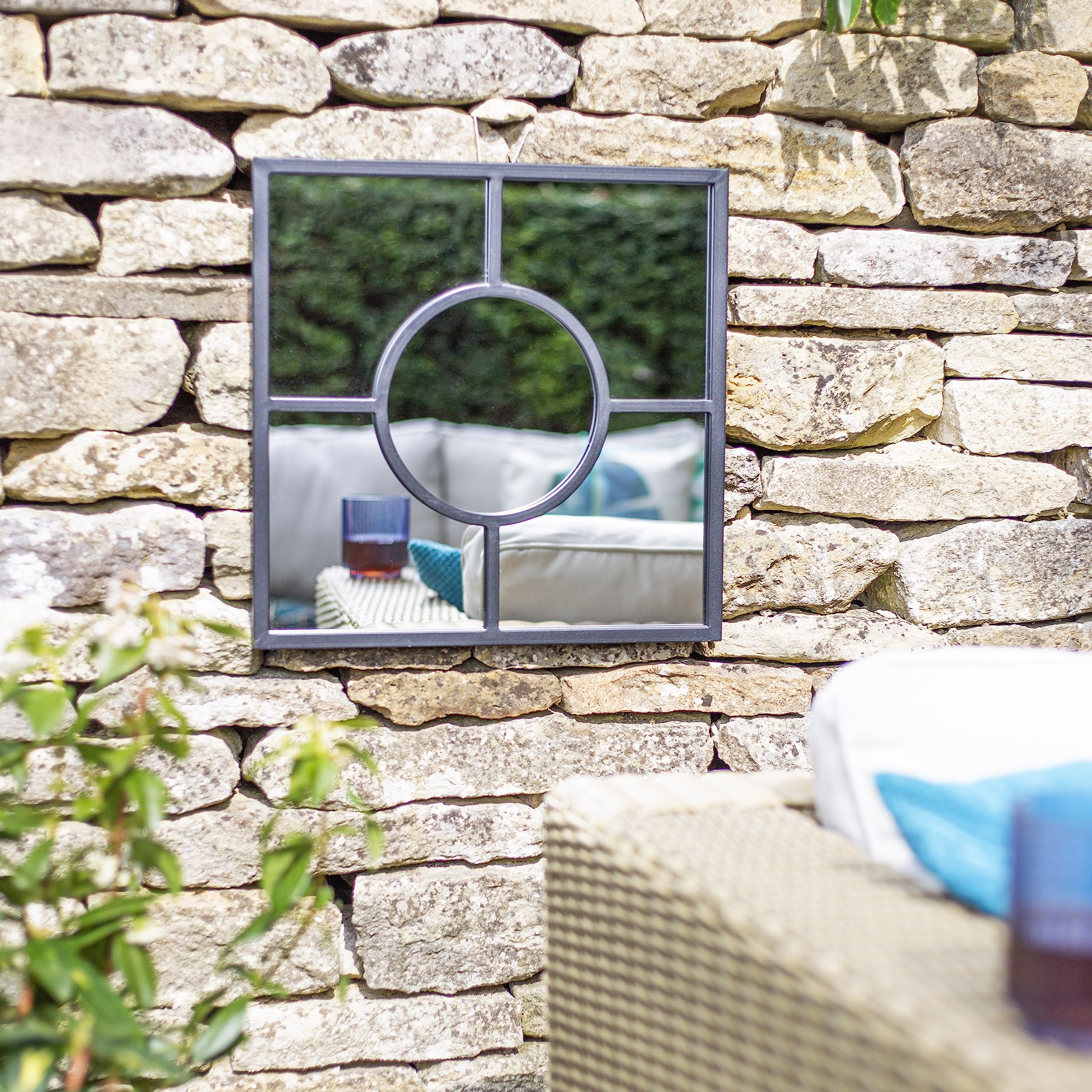 La Hacienda Black Square Garden Mirror – Durable Steel Outdoor Wall Decor