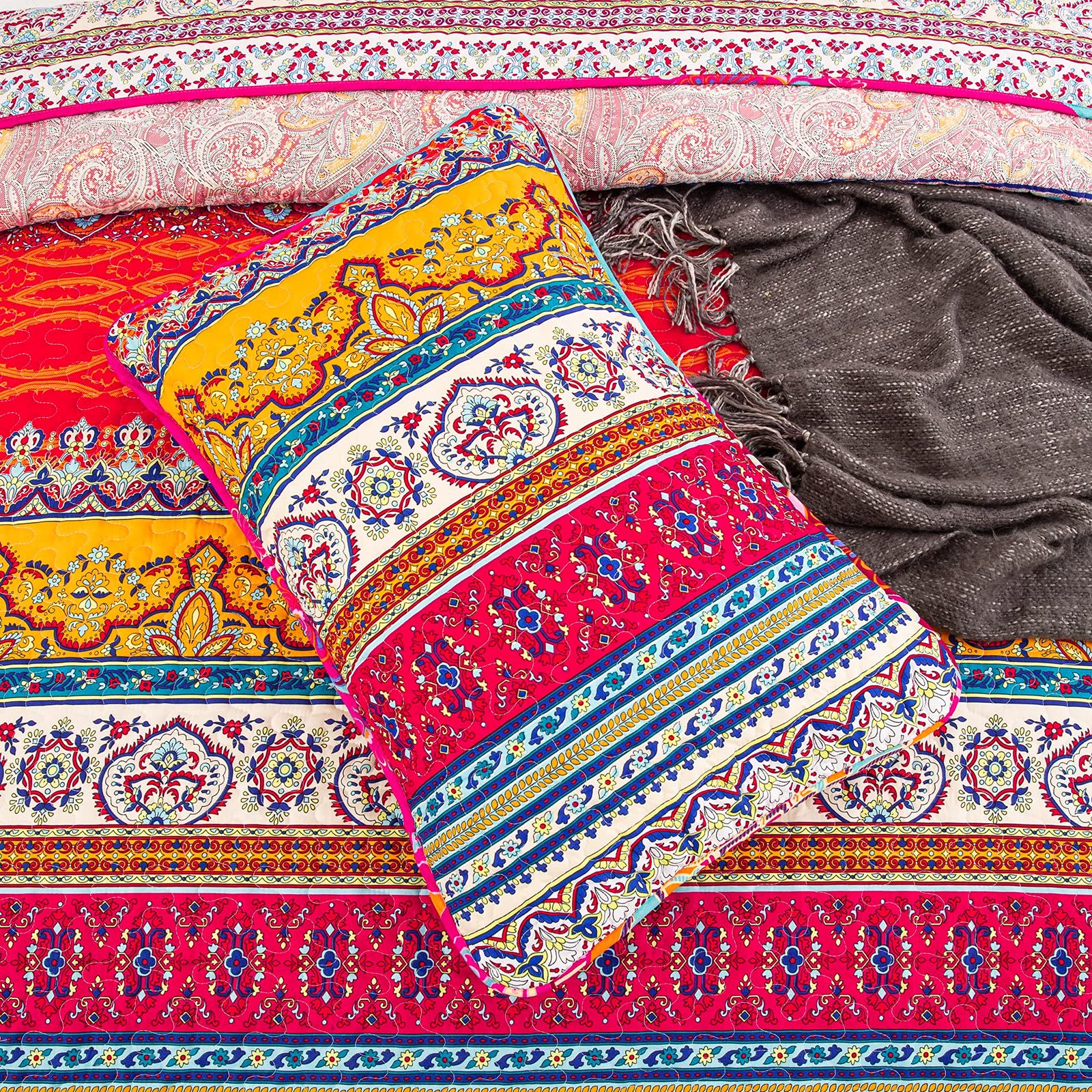 WONGS BEDDING King Bohemian Reversible Quilt | Soft Microfiber Bedspread