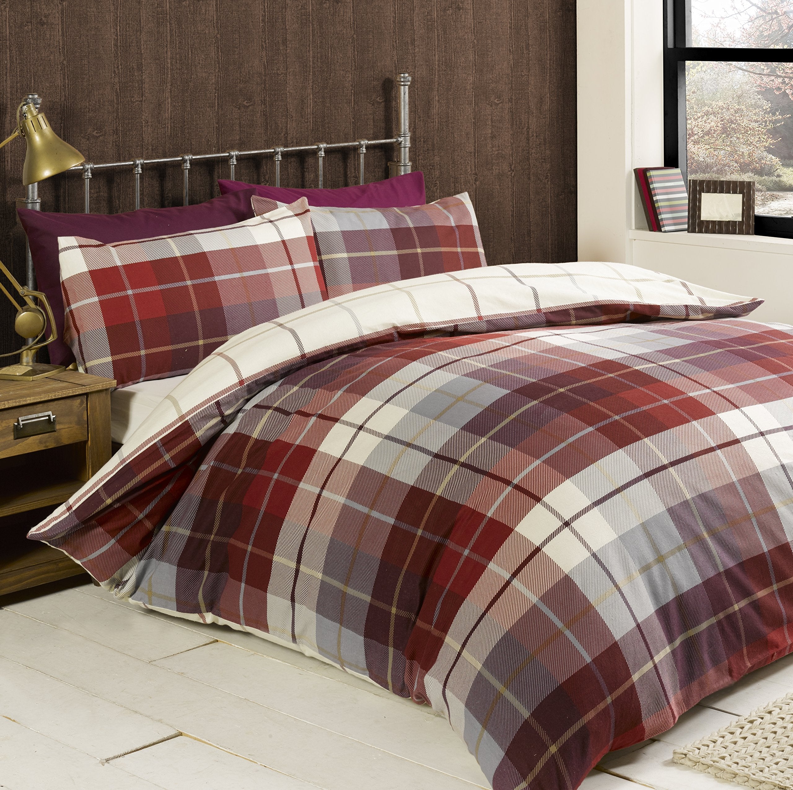 Rapport Lomond Check Duvet Cover Set – Red Brushed Cotton Superking