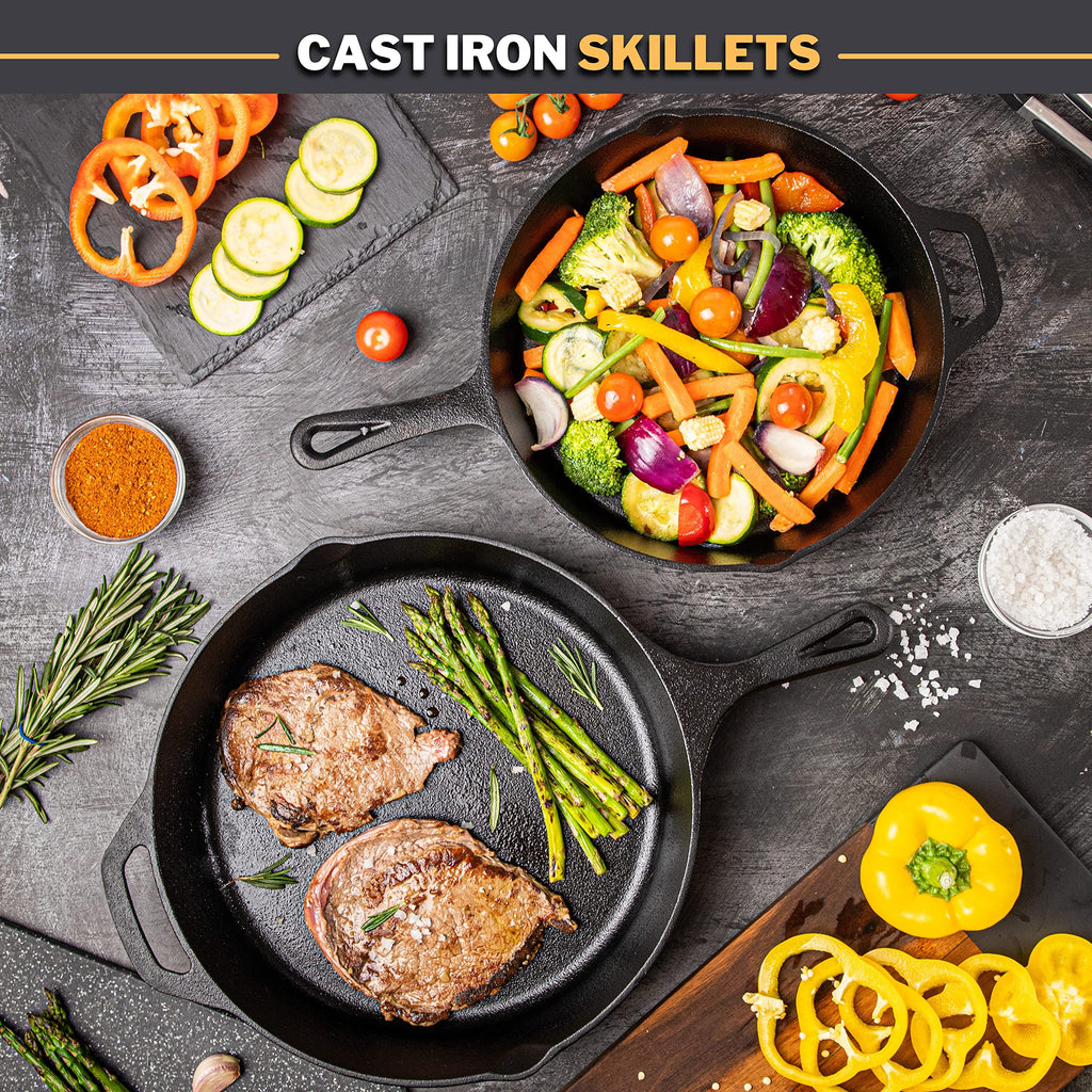 Nuovva 2-Piece Cast Iron Skillet Set | Pre-Seasoned 10 & 12 Inch Pans
