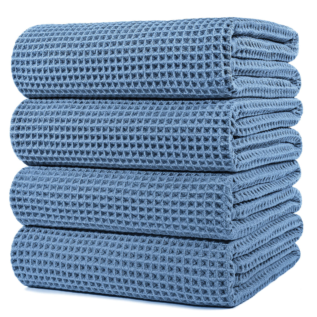 Polyte Microfibre Bath Towels – Quick Dry Waffle Weave, 4 Pack, Blue