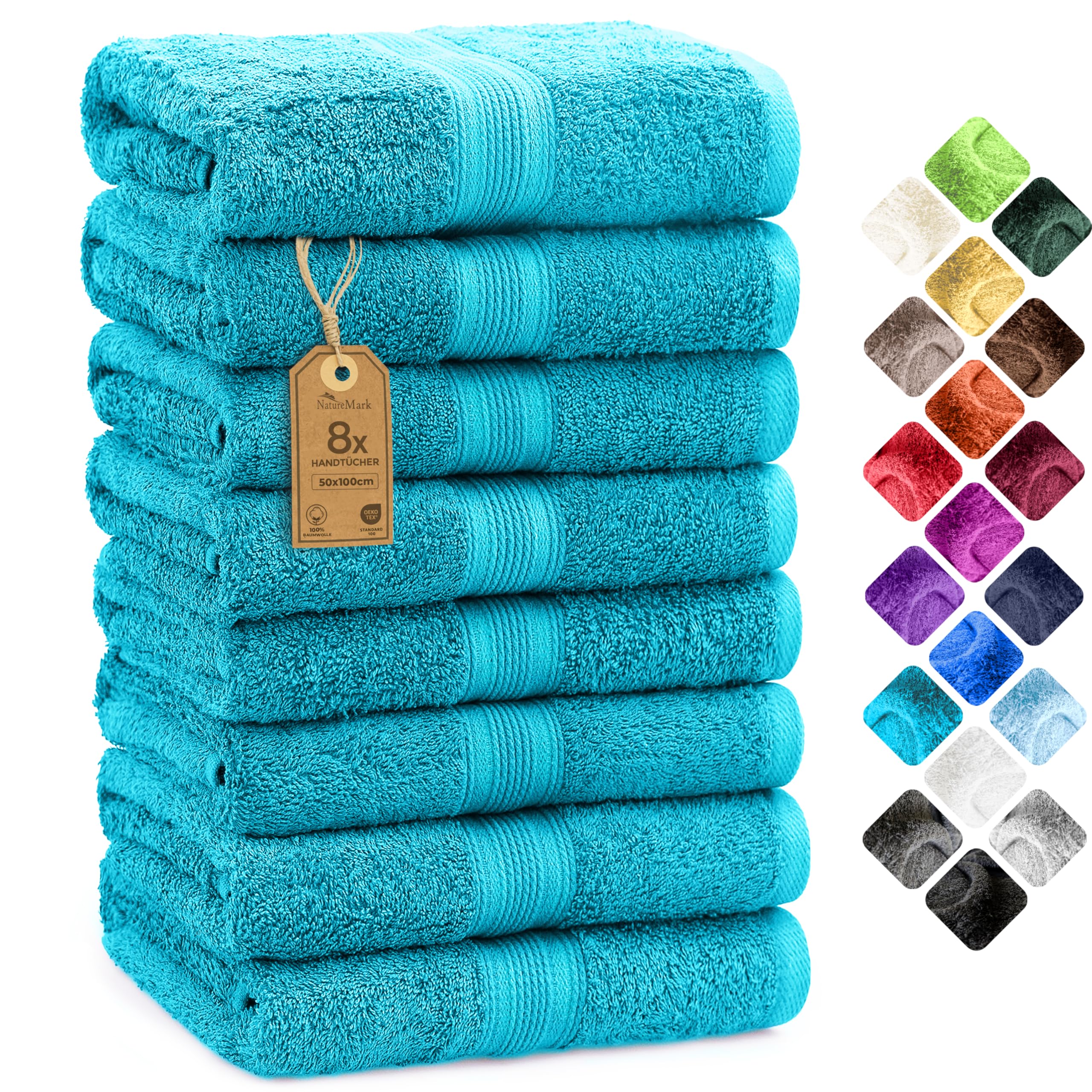 NatureMark 8-Piece Hand Towel Set | 100% Cotton 500 GSM | Turquoise