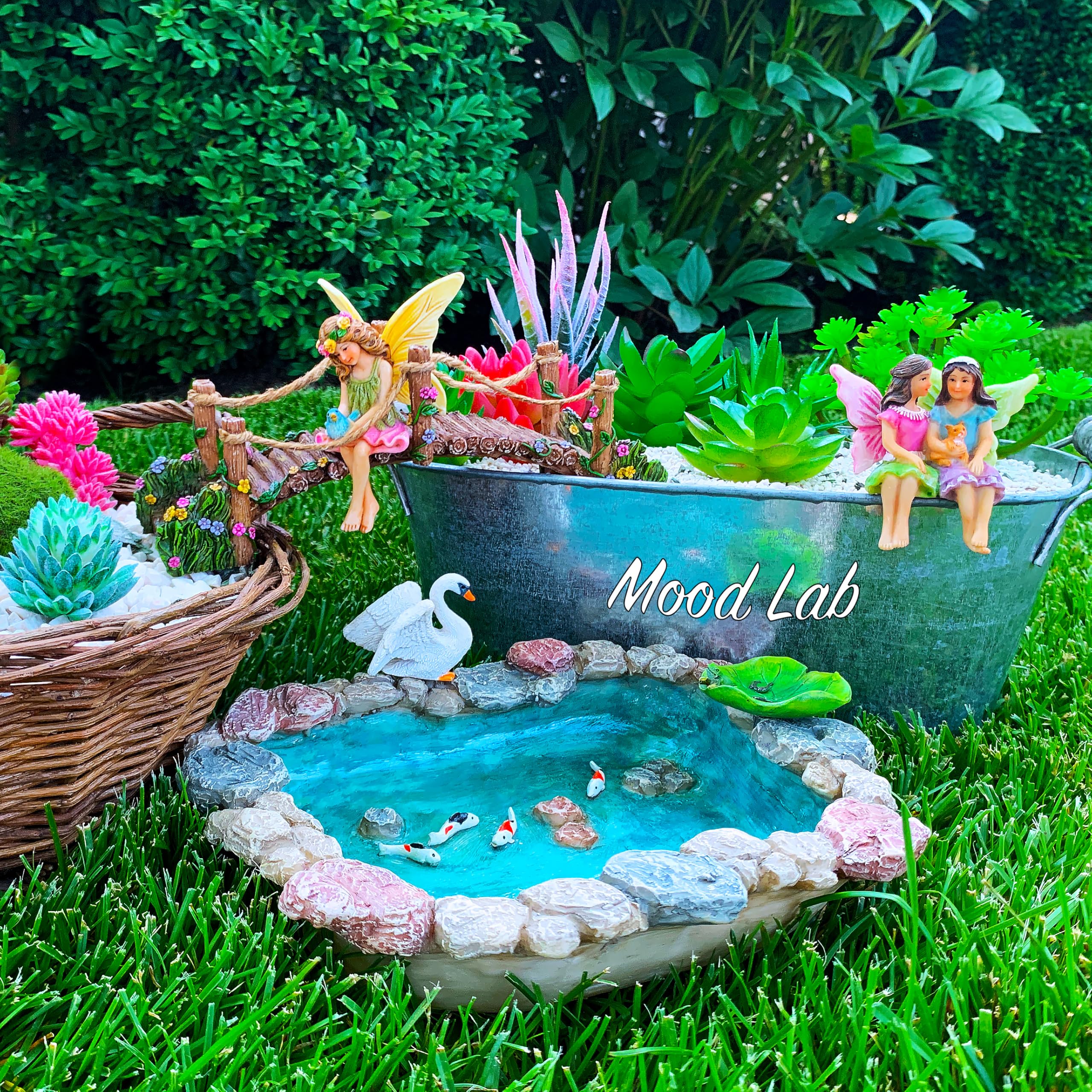Mood Lab Fairy Garden Fish Pond Kit | 6pc Miniature Bridge & Resin Figurines