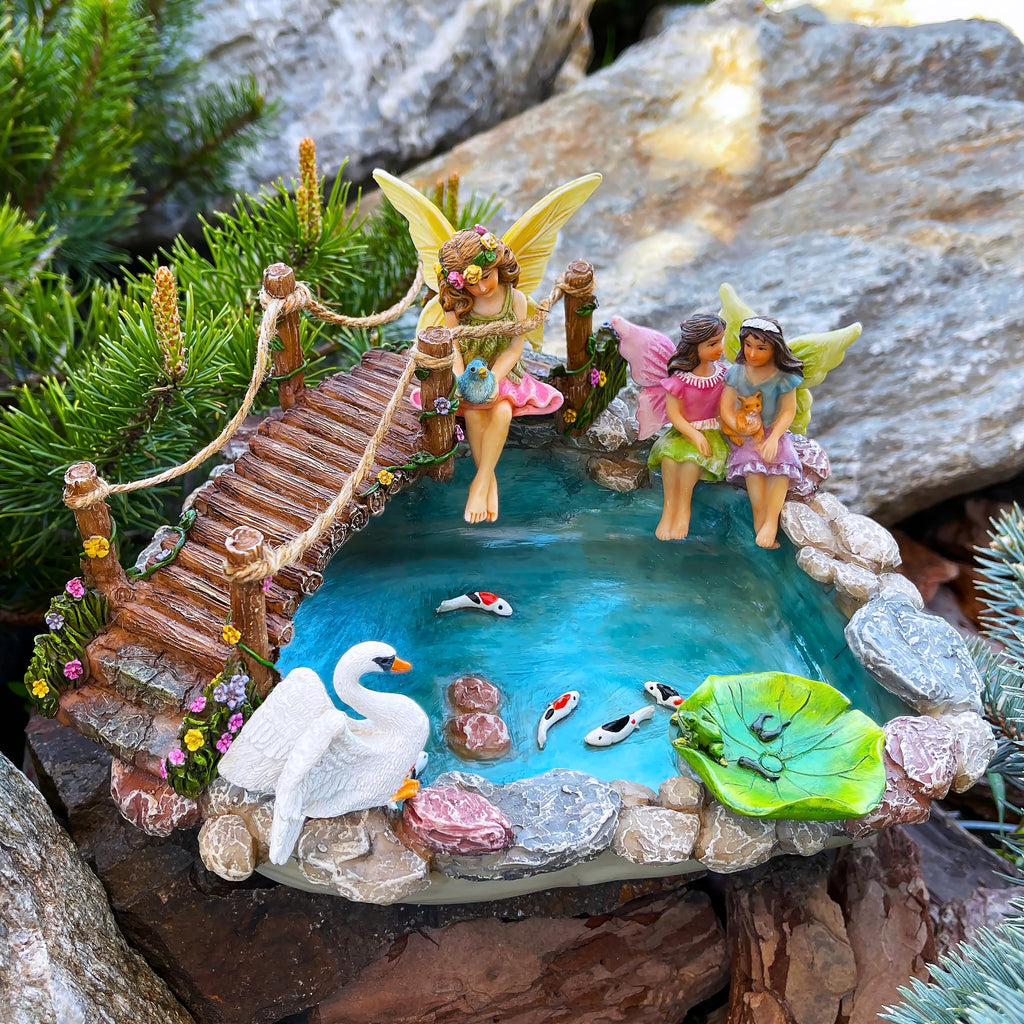 Mood Lab Fairy Garden Fish Pond Kit | 6pc Miniature Bridge & Resin Figurines