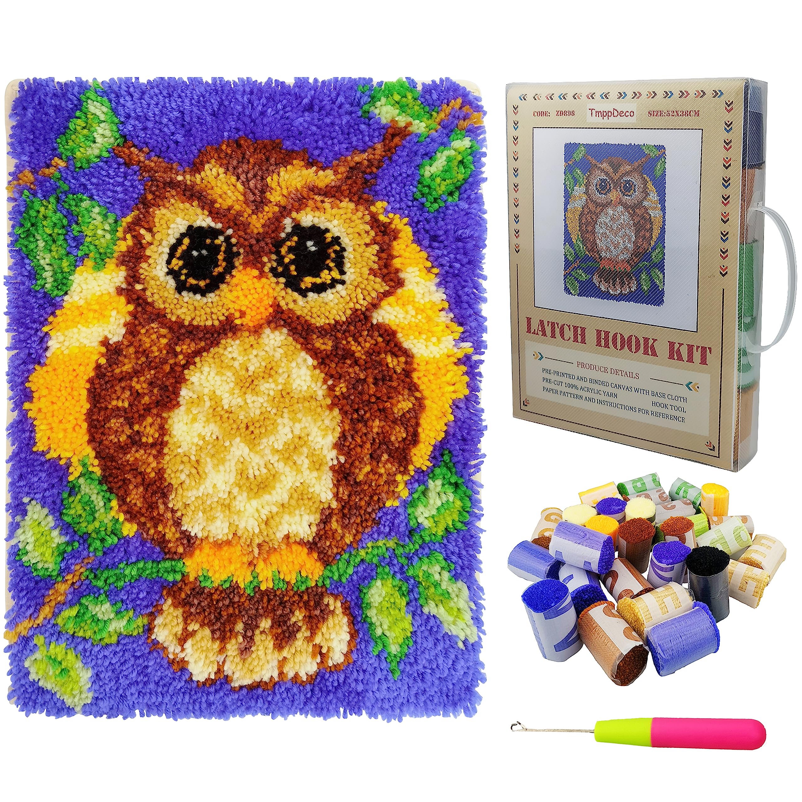 TmppDeco Owl Latch Hook Rug Kit for Adults - DIY Beginner Craft 20x15"