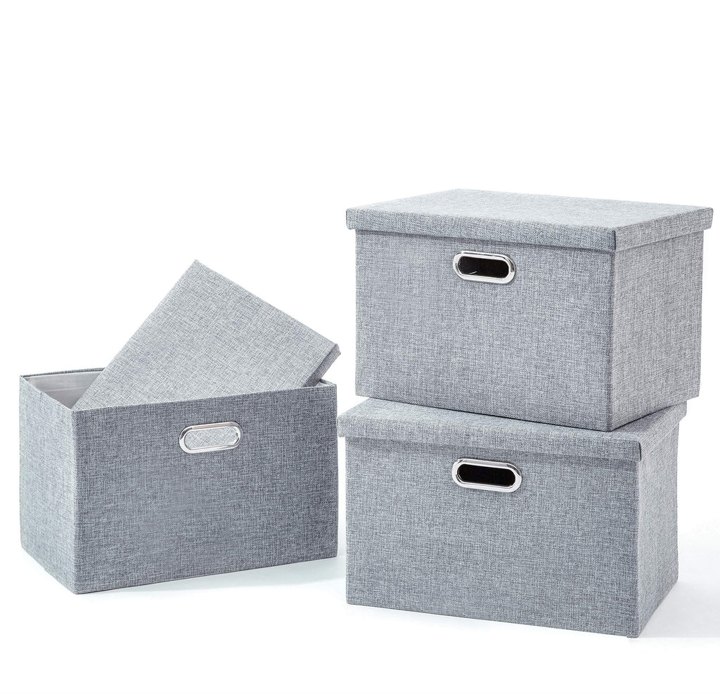 AlphaHome Collapsible Storage Boxes with Lids – 3 Pack Linen Baskets