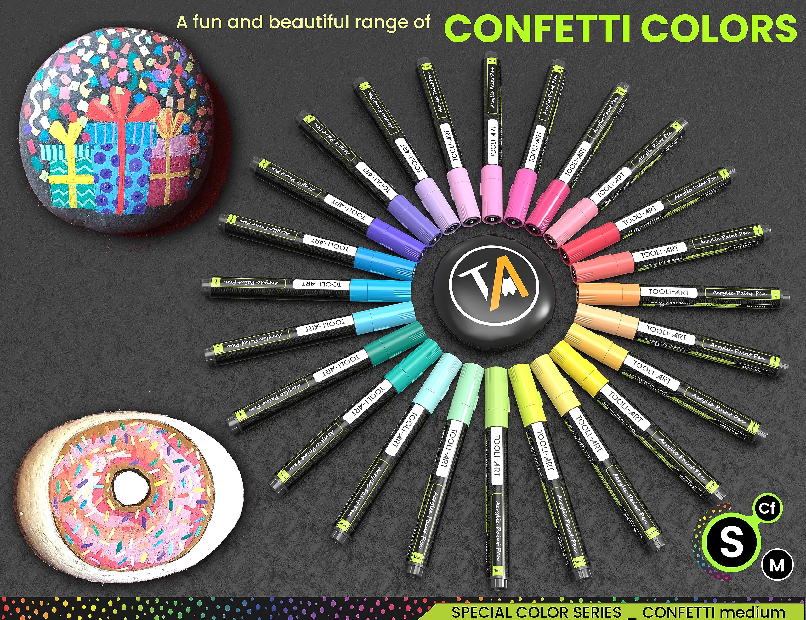 24 Confetti Acrylic Paint Pens - 3mm Medium Tip Markers