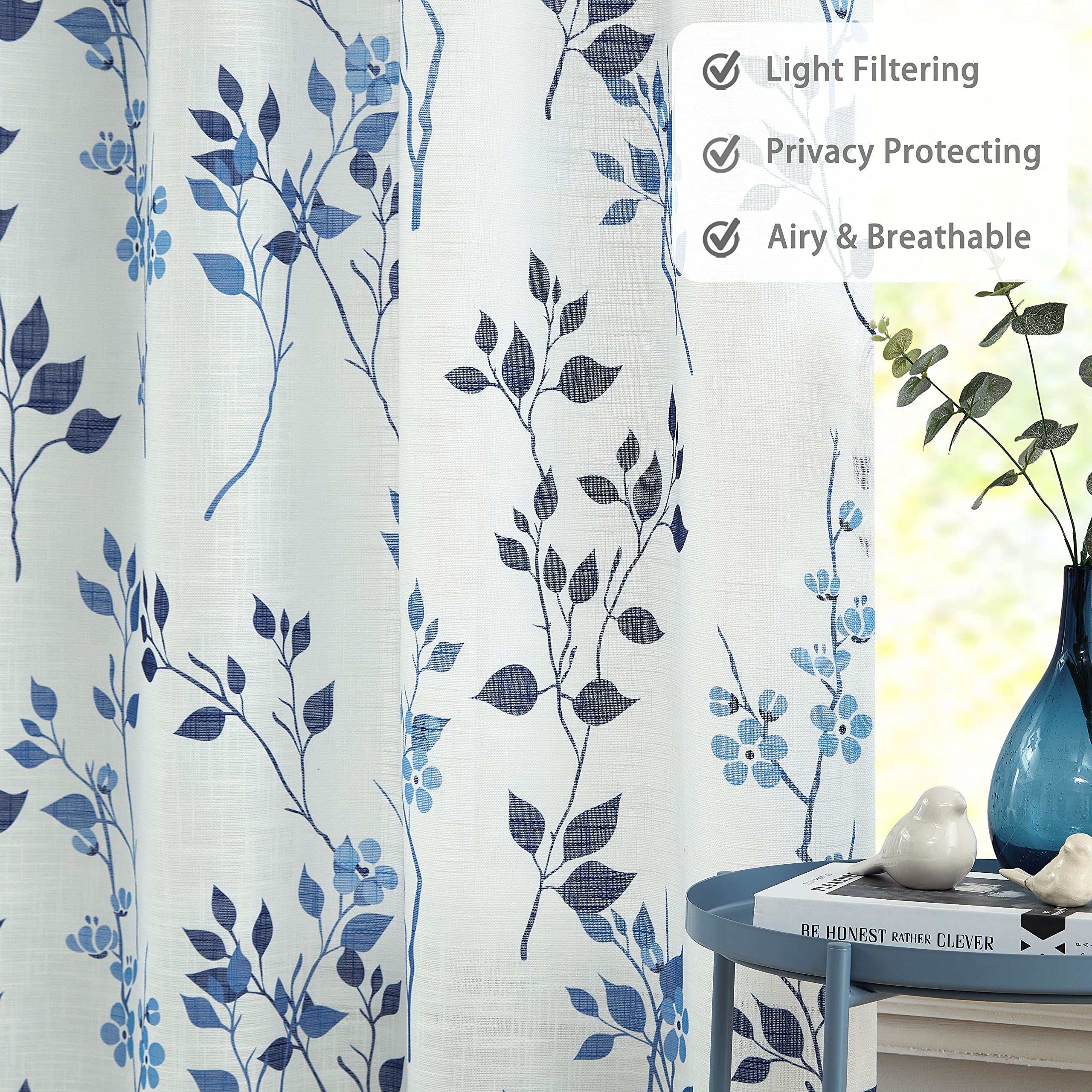 Beauoop Navy Blue Floral Semi Sheer Curtains – Linen Textured 2 Panels