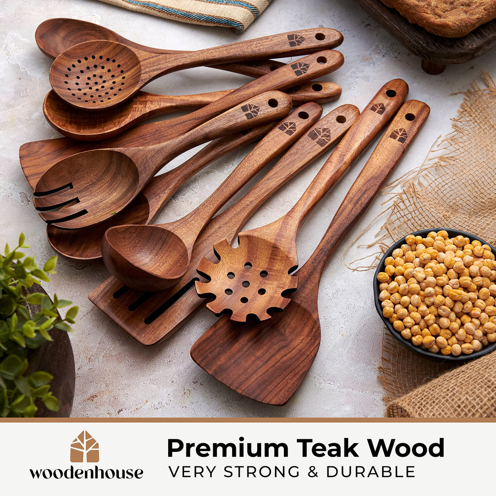 10-Piece Teak Wood Cooking Utensil Set for Nonstick Cookware