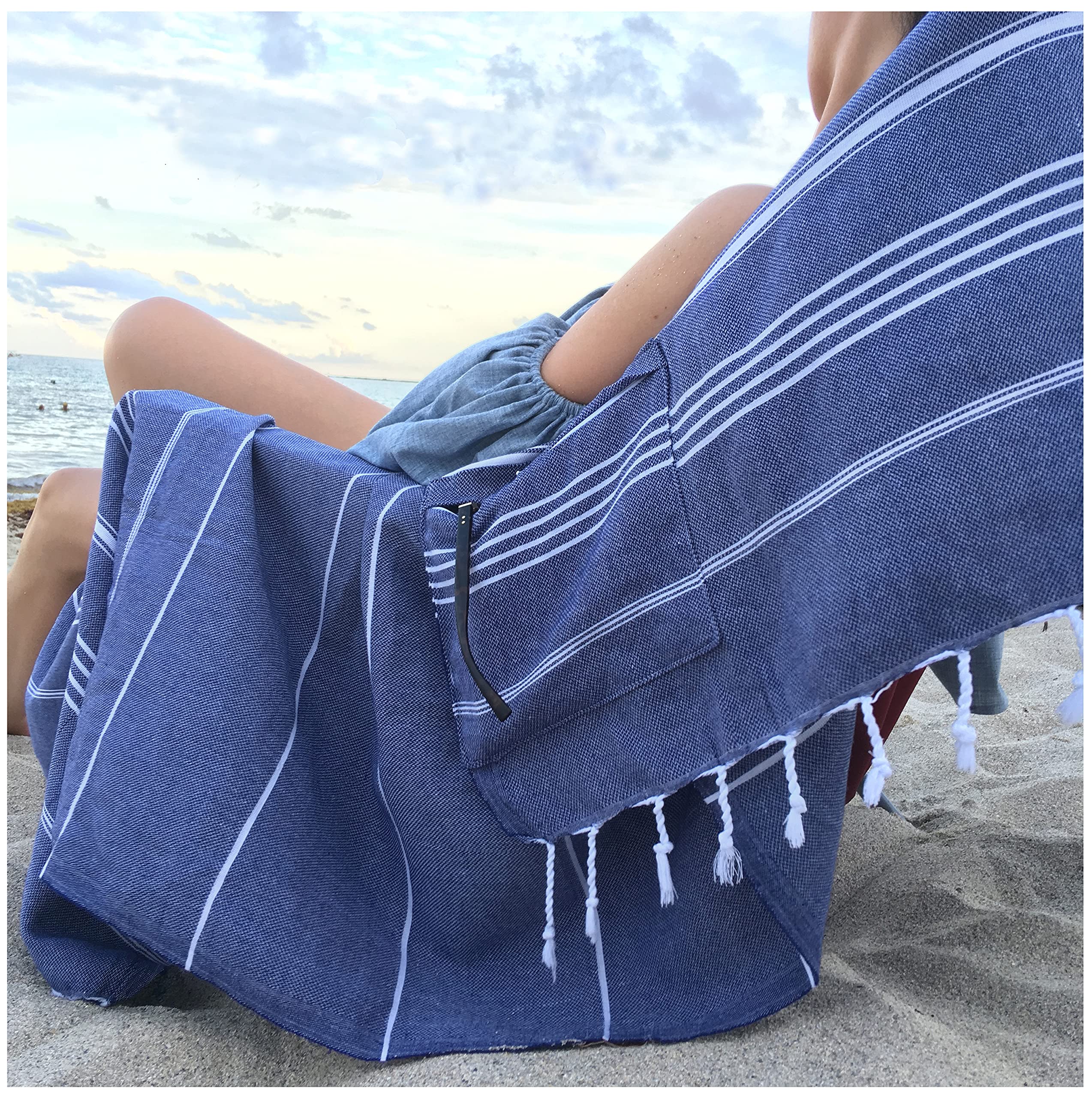 Aysesa Sandproof Turkish Beach Towel | 100% Cotton with Hidden Pocket